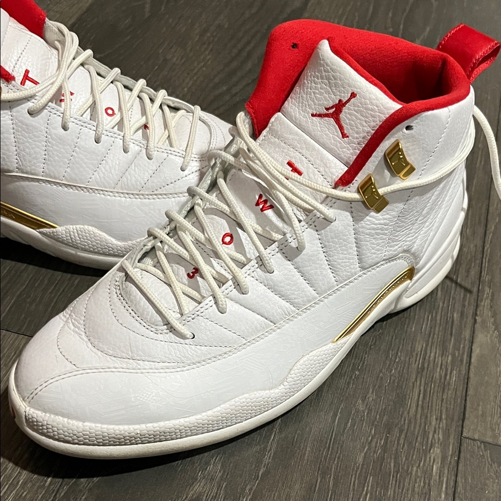 Air Jordan 12 Retro 'FIBA' Jordan Men's White and Red Sneakers with Gold Accents